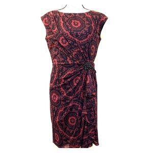 Jones New York Paisley Red and Black Ruched Front Dress Size 10